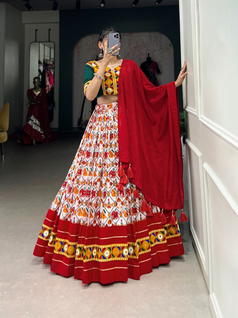 White and Red Navratri Lehenga Choli in Dola Silk With Patola Print and Real Mirror