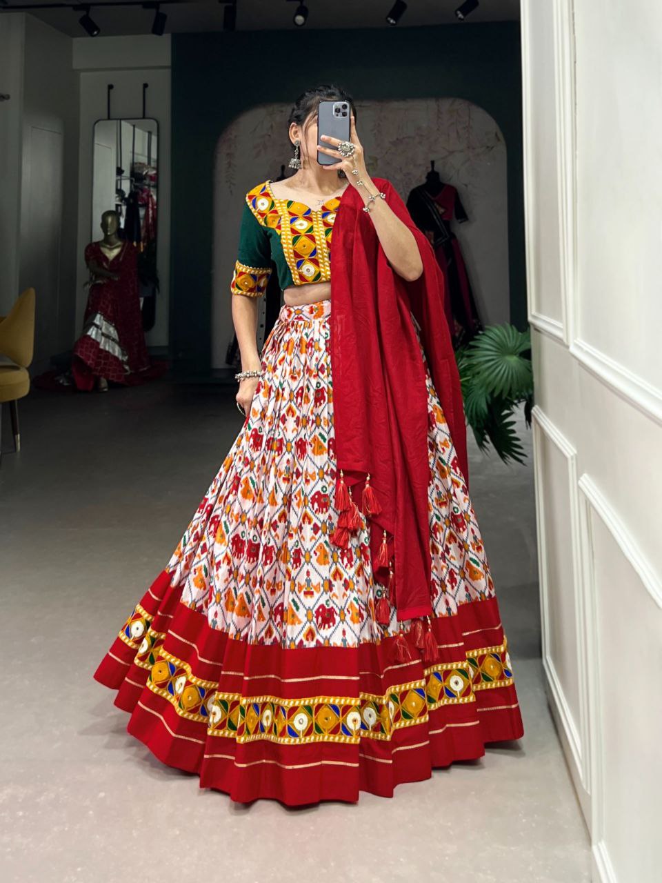 White and Red Navratri Lehenga Choli in Dola Silk With Patola Print and Real Mirror