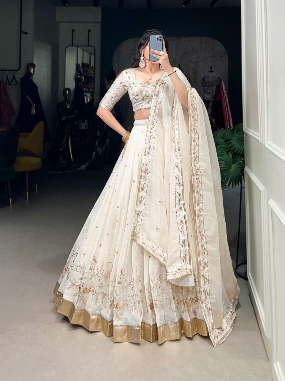 Gleaming Silver Elegance Sequins & Foil Work Lehenga Set