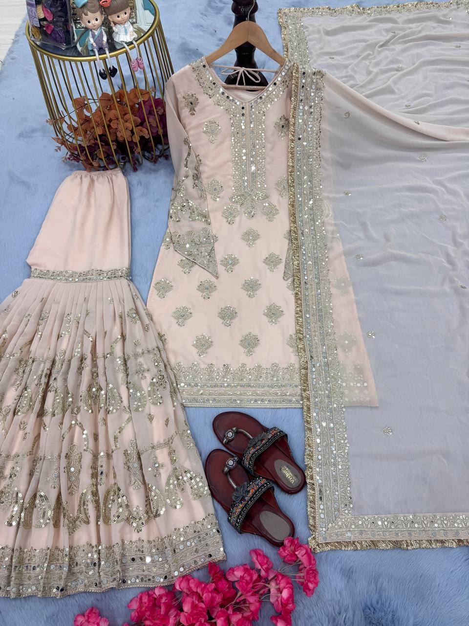 Ivory Gold Hand-Embroidered Bridal Lehenga Set with Sequins and Zari Work