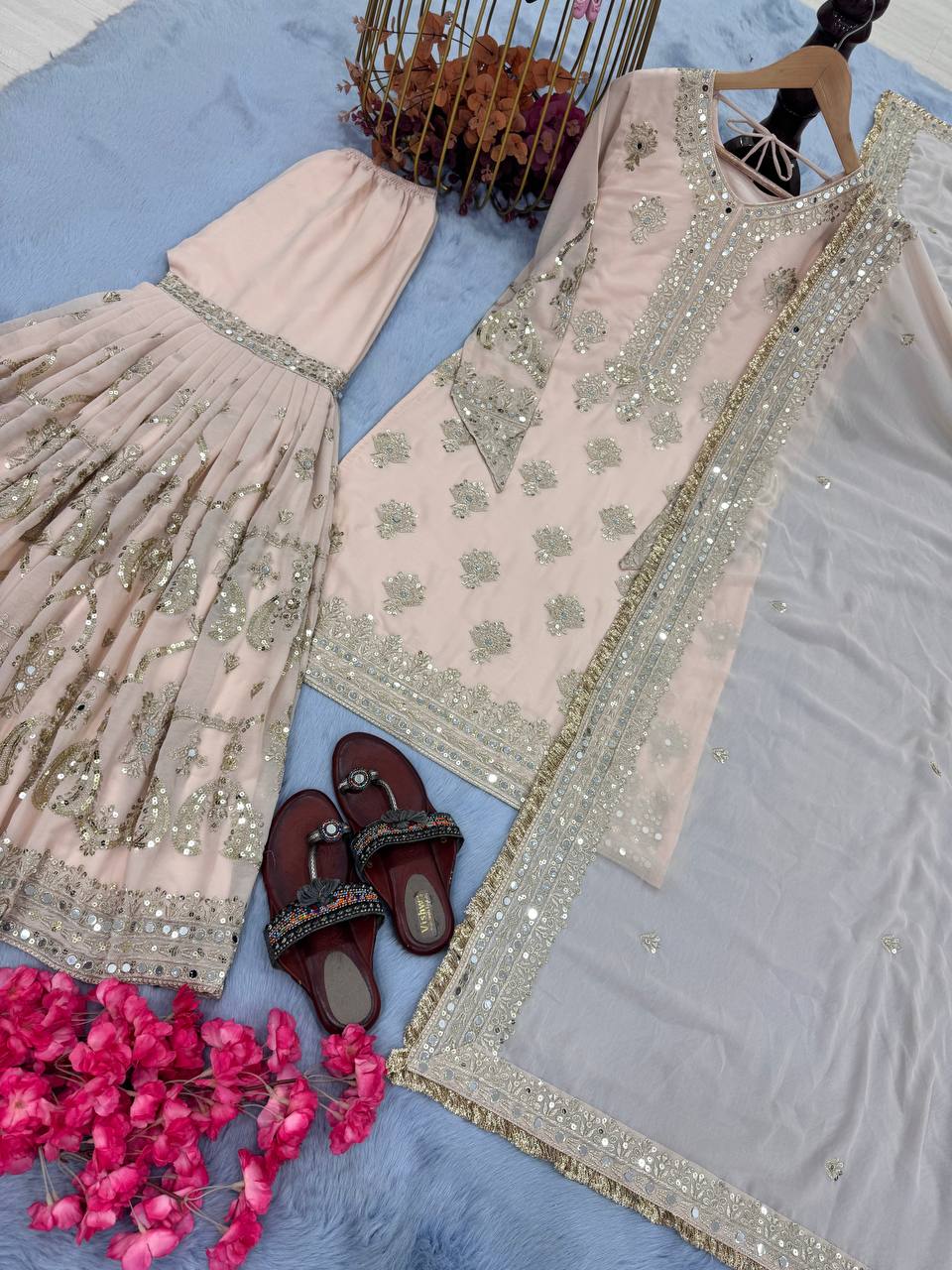 Ivory Gold Hand-Embroidered Bridal Lehenga Set with Sequins and Zari Work