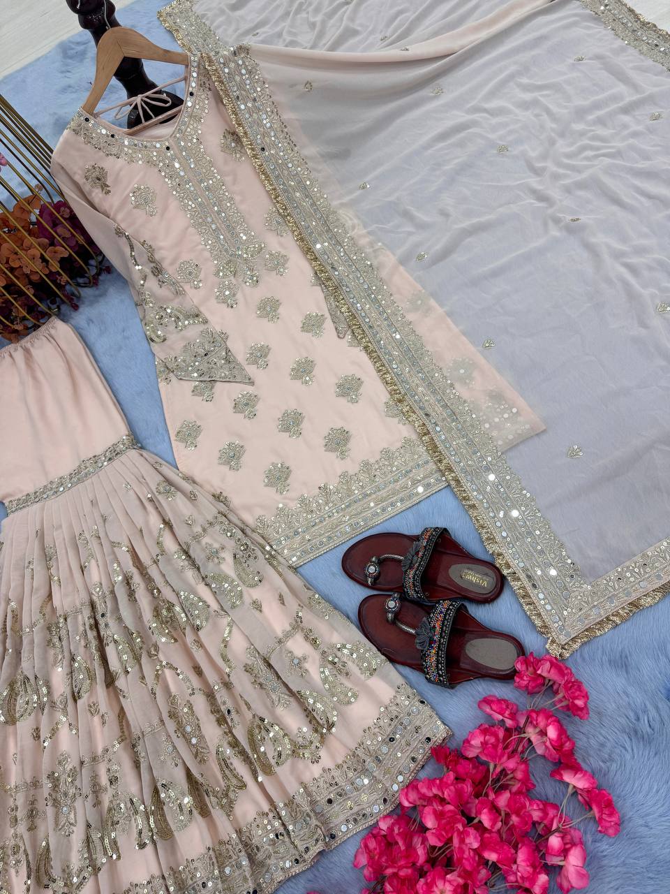 Ivory Gold Hand-Embroidered Bridal Lehenga Set with Sequins and Zari Work