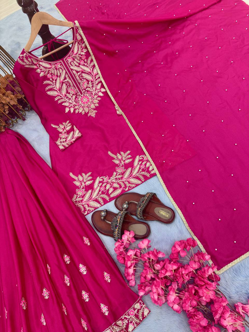 Rani Pink Peplum Kurta Sharara Set with Intricate Thread & Sequin Embroidery