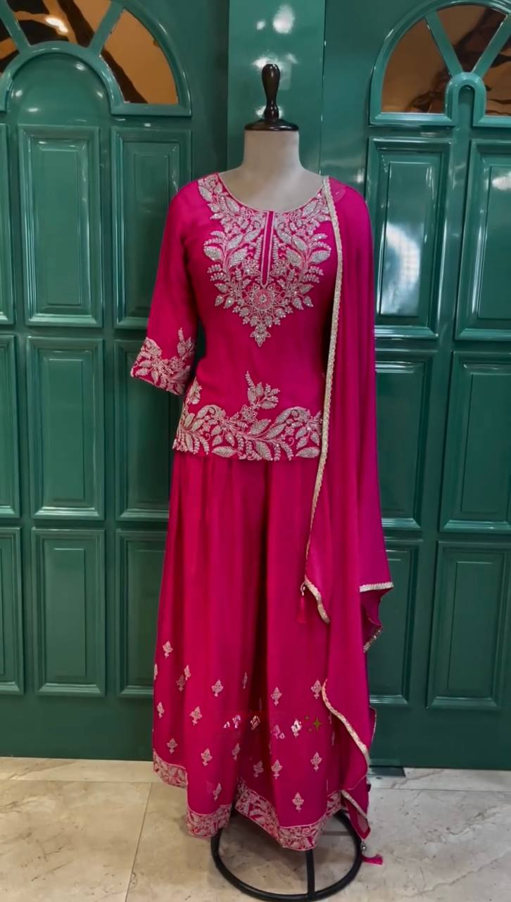 Rani Pink Peplum Kurta Sharara Set with Intricate Thread & Sequin Embroidery