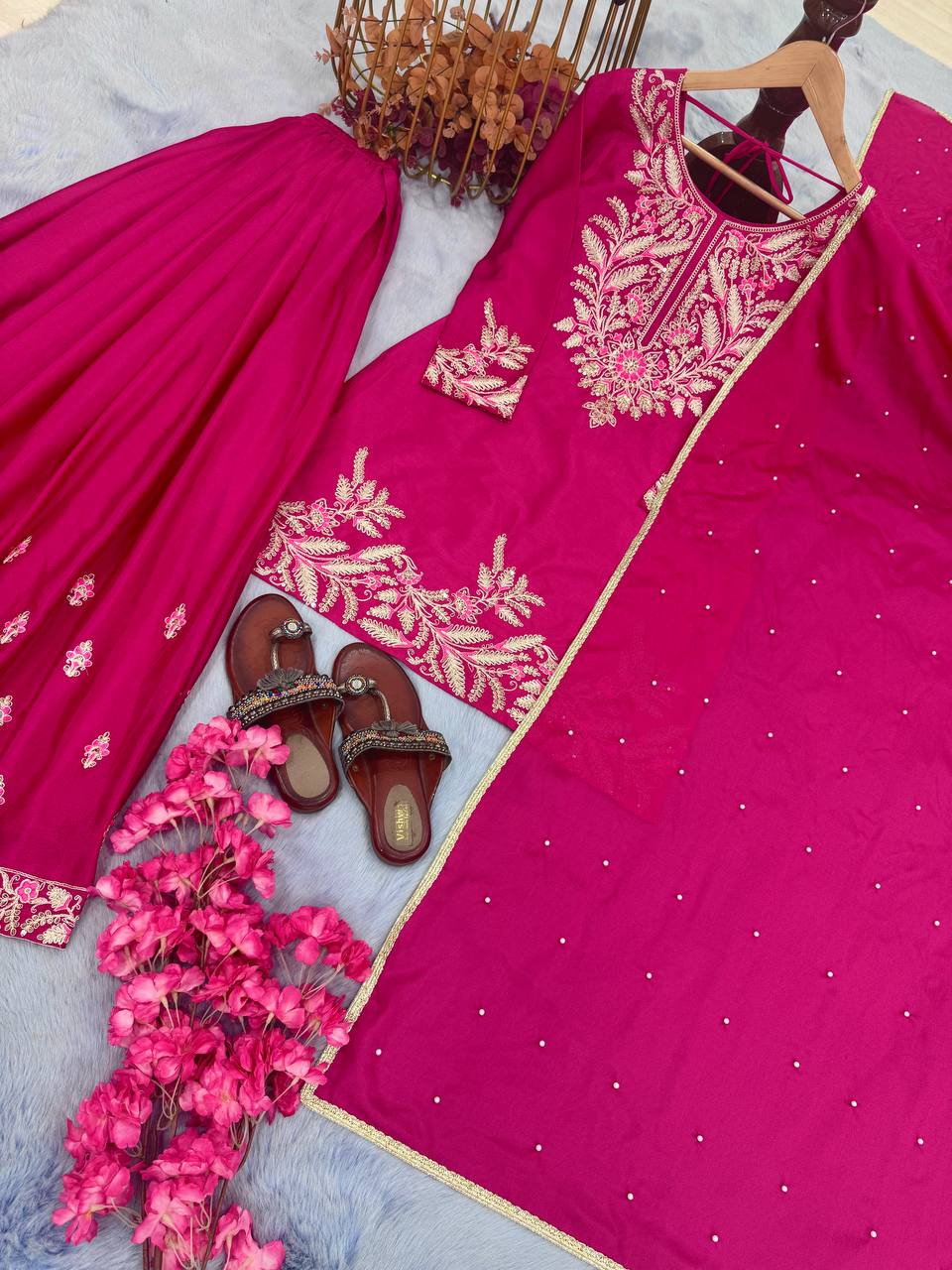 Rani Pink Peplum Kurta Sharara Set with Intricate Thread & Sequin Embroidery