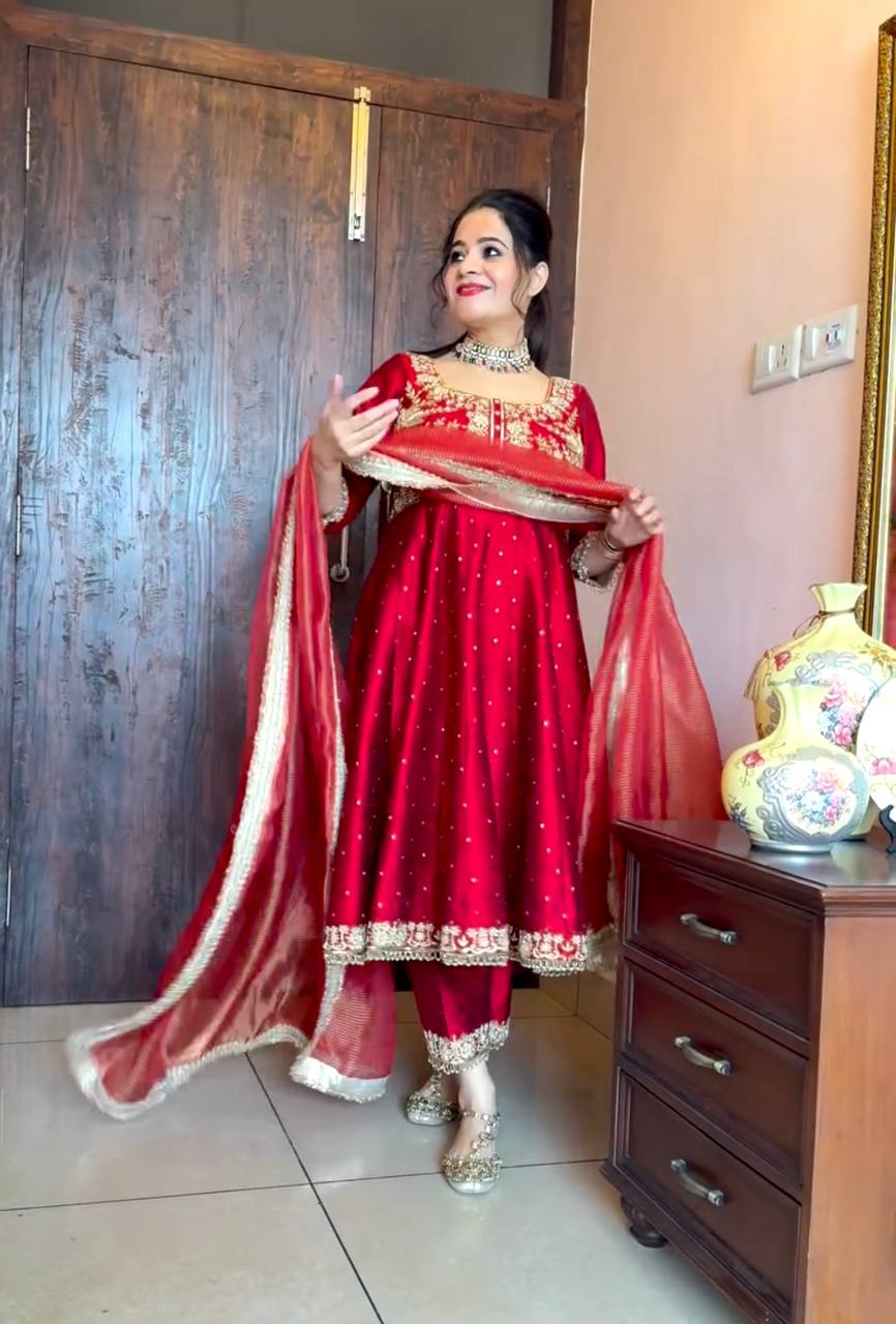 Ruby Red Anarkali Suit Set with Heavy Golden Zari Embroidery and Tissue Dupatta