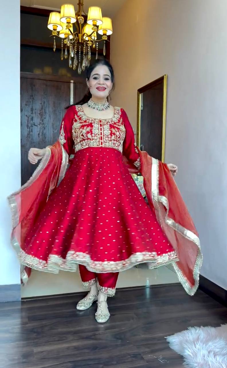 Ruby Red Anarkali Suit Set with Heavy Golden Zari Embroidery and Tissue Dupatta Ruby Red Anarkali Suit Set with Heavy Golden Zari Embroidery and Tissue Dupatta