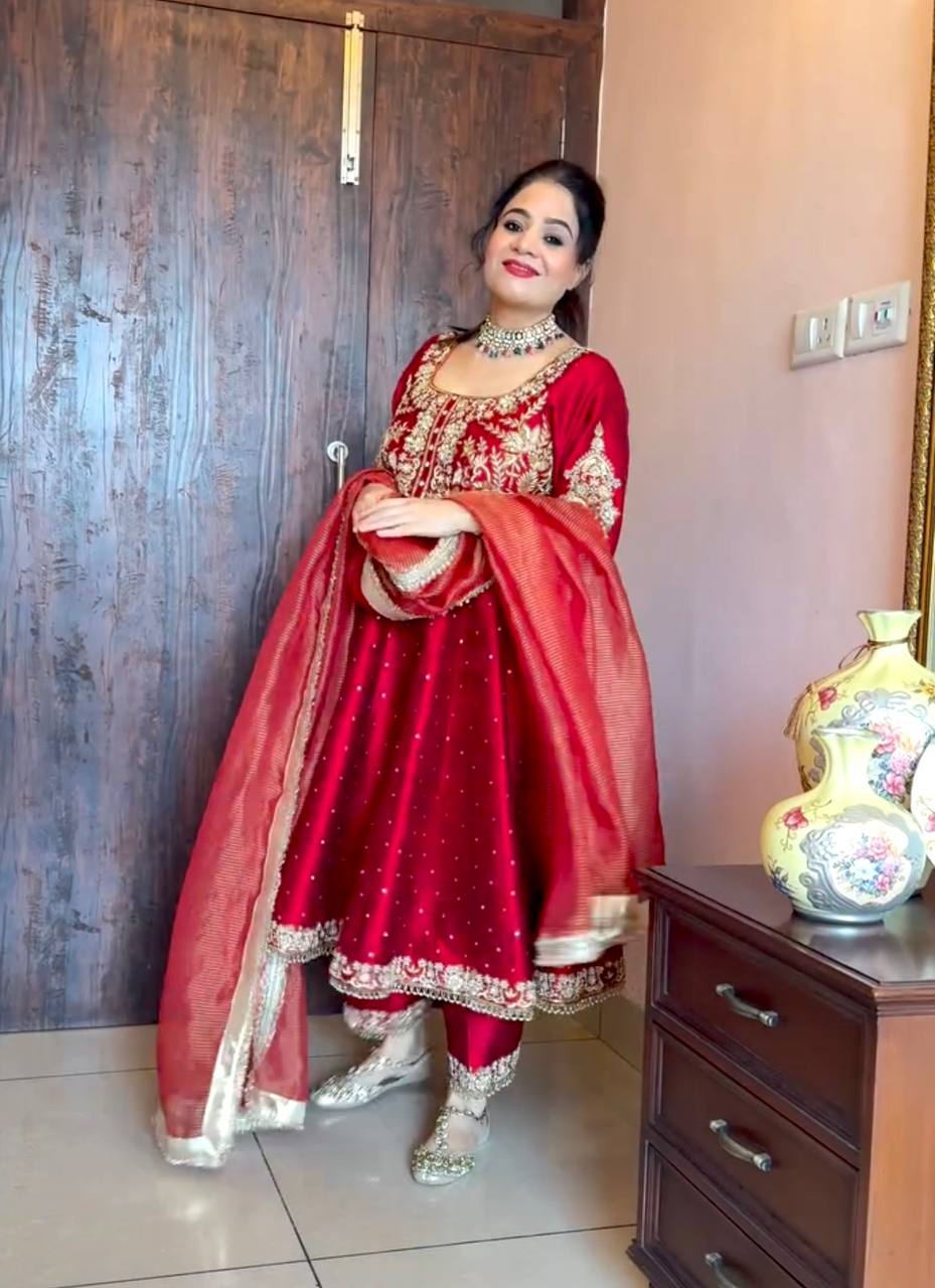 Ruby Red Anarkali Suit Set with Heavy Golden Zari Embroidery and Tissue Dupatta