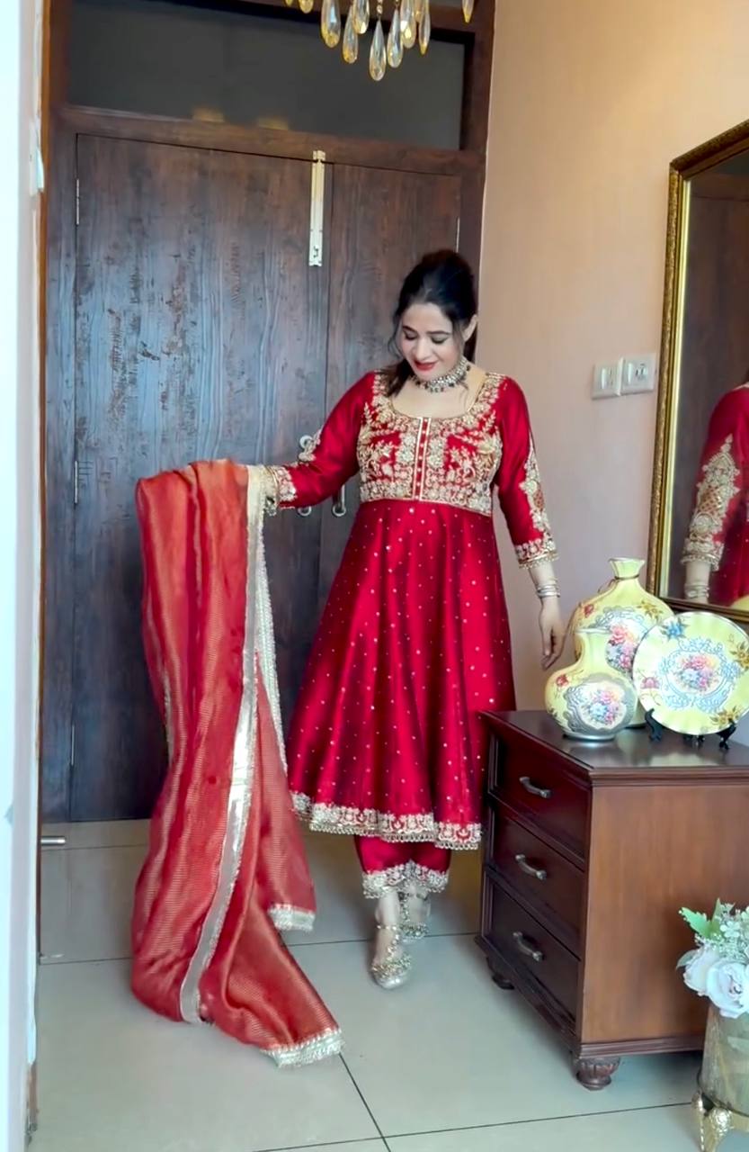 Ruby Red Anarkali Suit Set with Heavy Golden Zari Embroidery and Tissue Dupatta