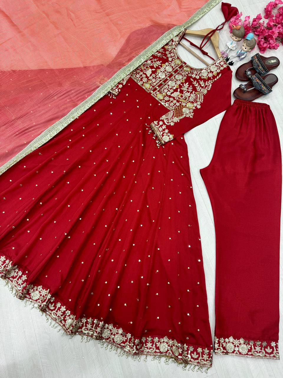 Ruby Red Anarkali Suit Set with Heavy Golden Zari Embroidery and Tissue Dupatta