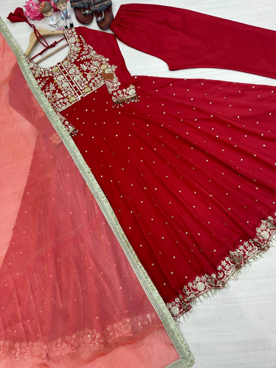 Ruby Red Anarkali Suit Set with Heavy Golden Zari Embroidery and Tissue Dupatta