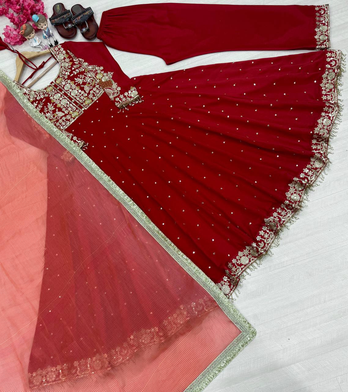 Ruby Red Anarkali Suit Set with Heavy Golden Zari Embroidery and Tissue Dupatta