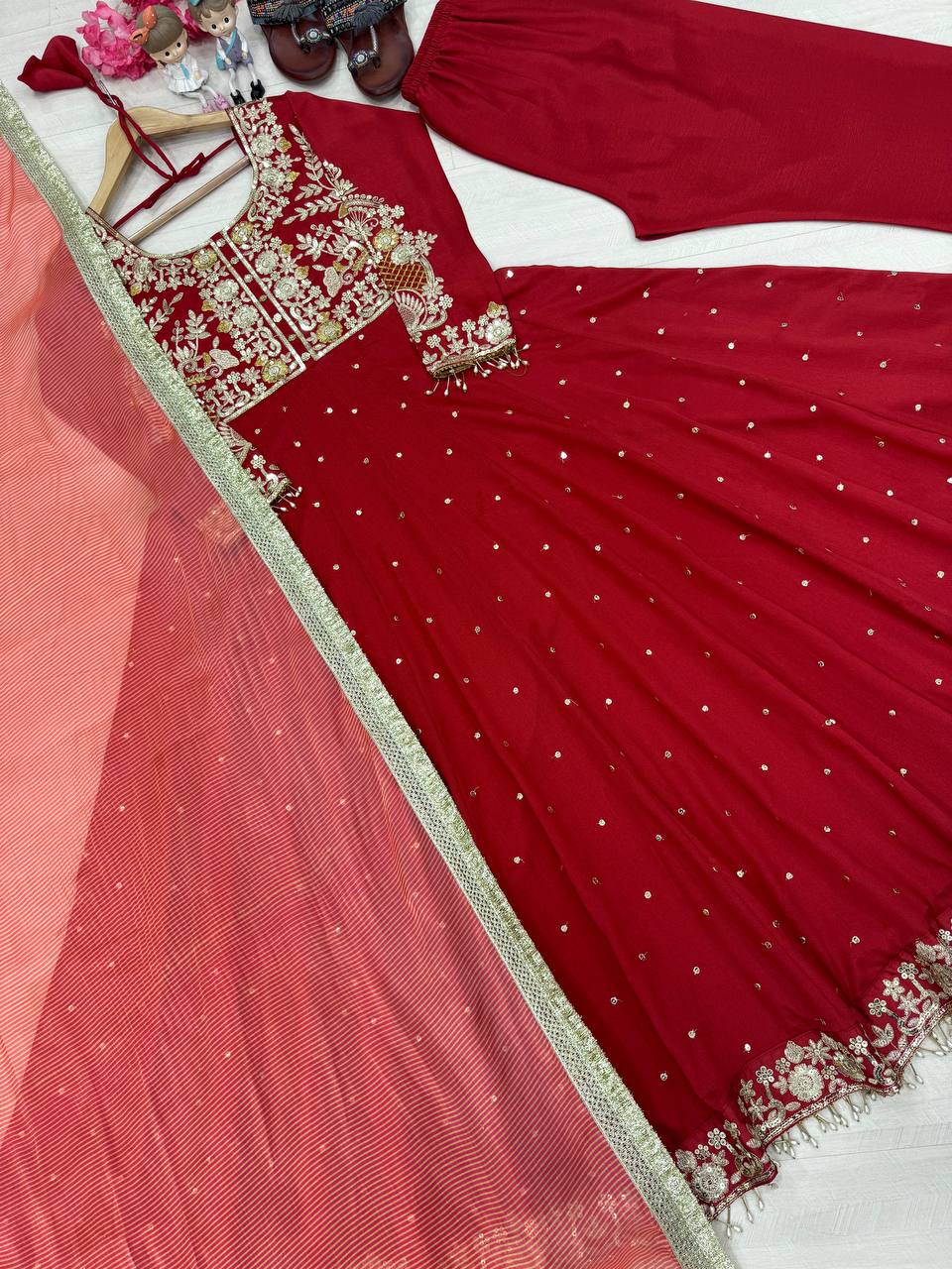 Ruby Red Anarkali Suit Set with Heavy Golden Zari Embroidery and Tissue Dupatta