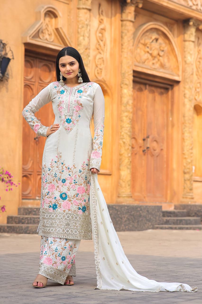 Floral Embroidered Pakistani Style Straight Suit Set with Mirror Work & Matching Dupatta