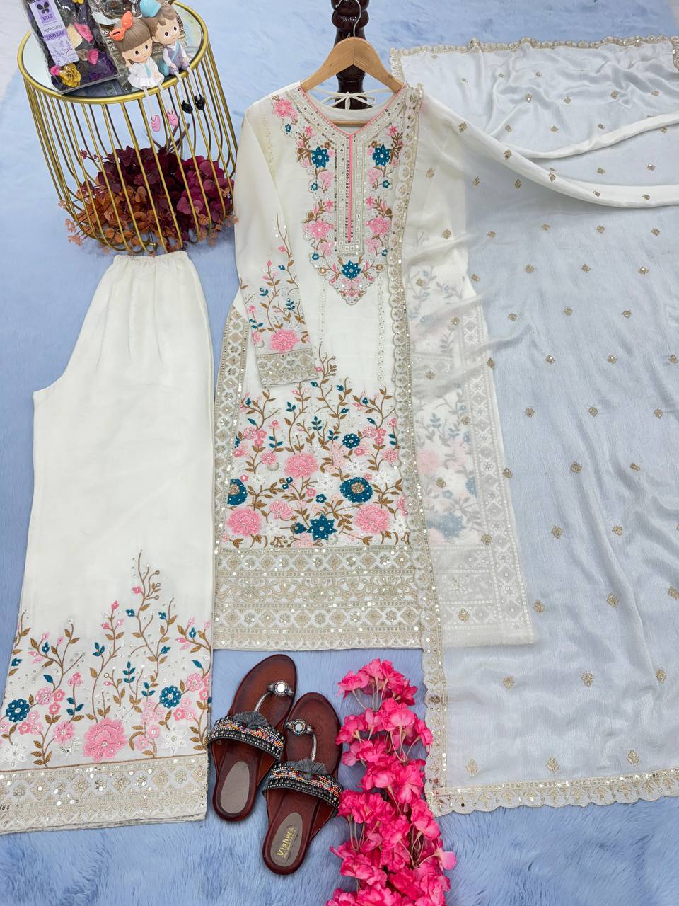 Floral Embroidered Pakistani Style Straight Suit Set with Mirror Work & Matching Dupatta