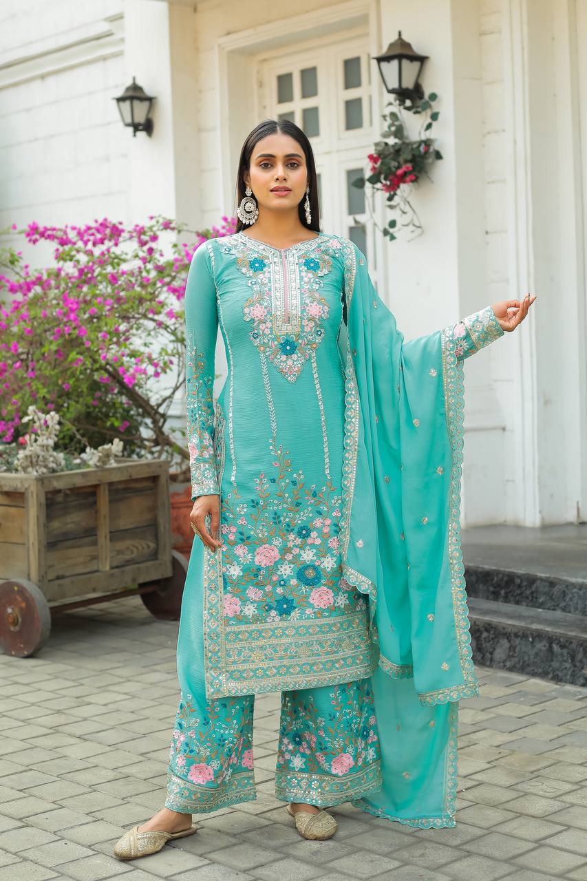 Floral Embroidered Pakistani Style Straight Suit Set with Mirror Work & Matching Dupatta