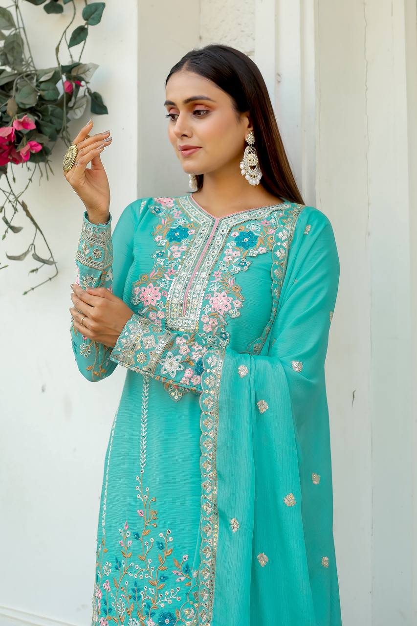Floral Embroidered Pakistani Style Straight Suit Set with Mirror Work & Matching Dupatta