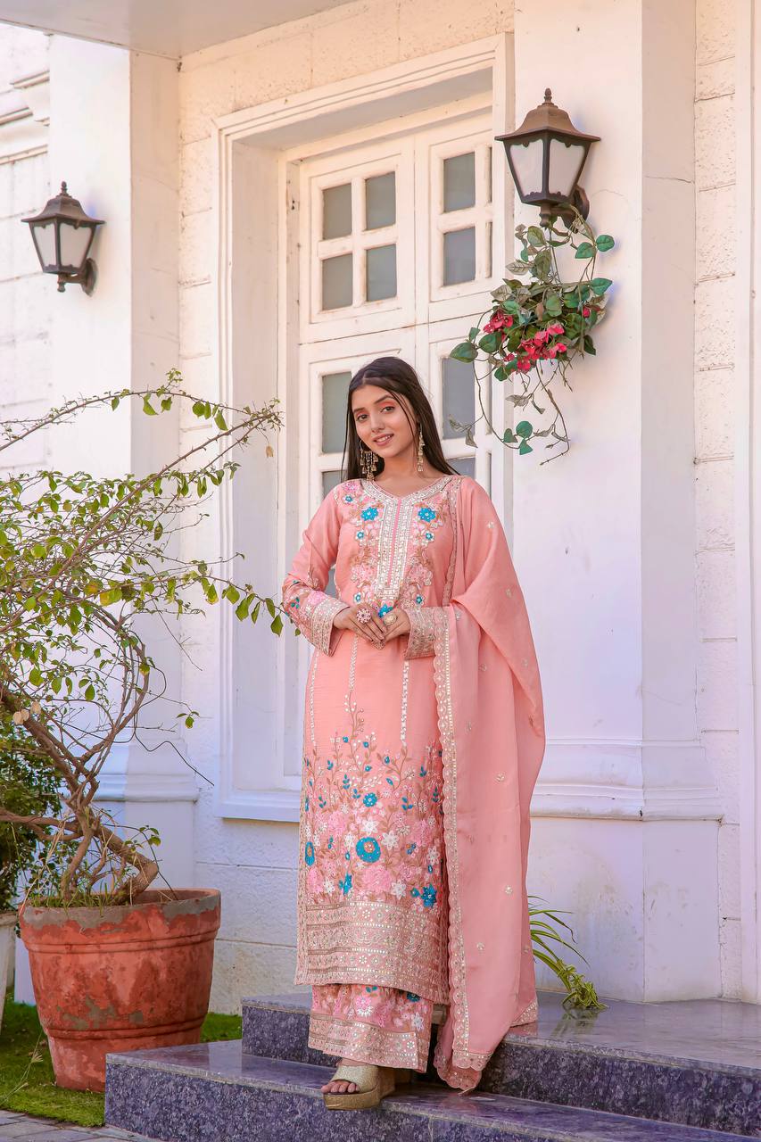 Floral Embroidered Pakistani Style Straight Suit Set with Mirror Work & Matching Dupatta