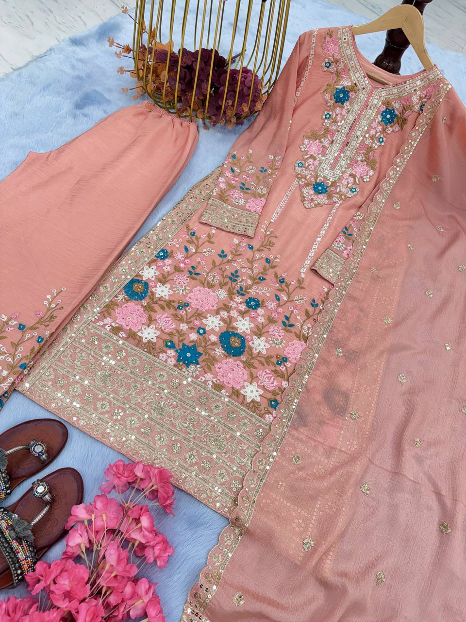 Floral Embroidered Pakistani Style Straight Suit Set with Mirror Work & Matching Dupatta