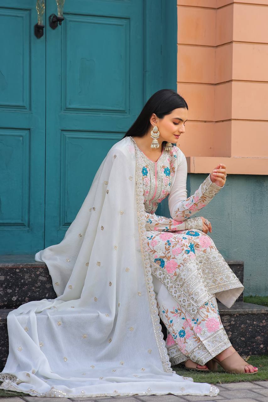 Floral Embroidered Pakistani Style Straight Suit Set with Mirror Work & Matching Dupatta