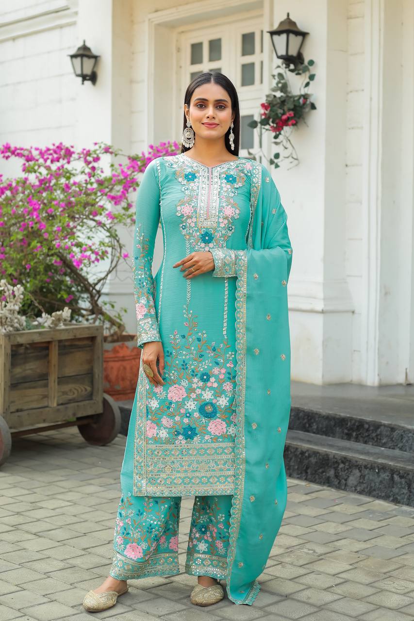 Floral Embroidered Pakistani Style Straight Suit Set with Mirror Work & Matching Dupatta