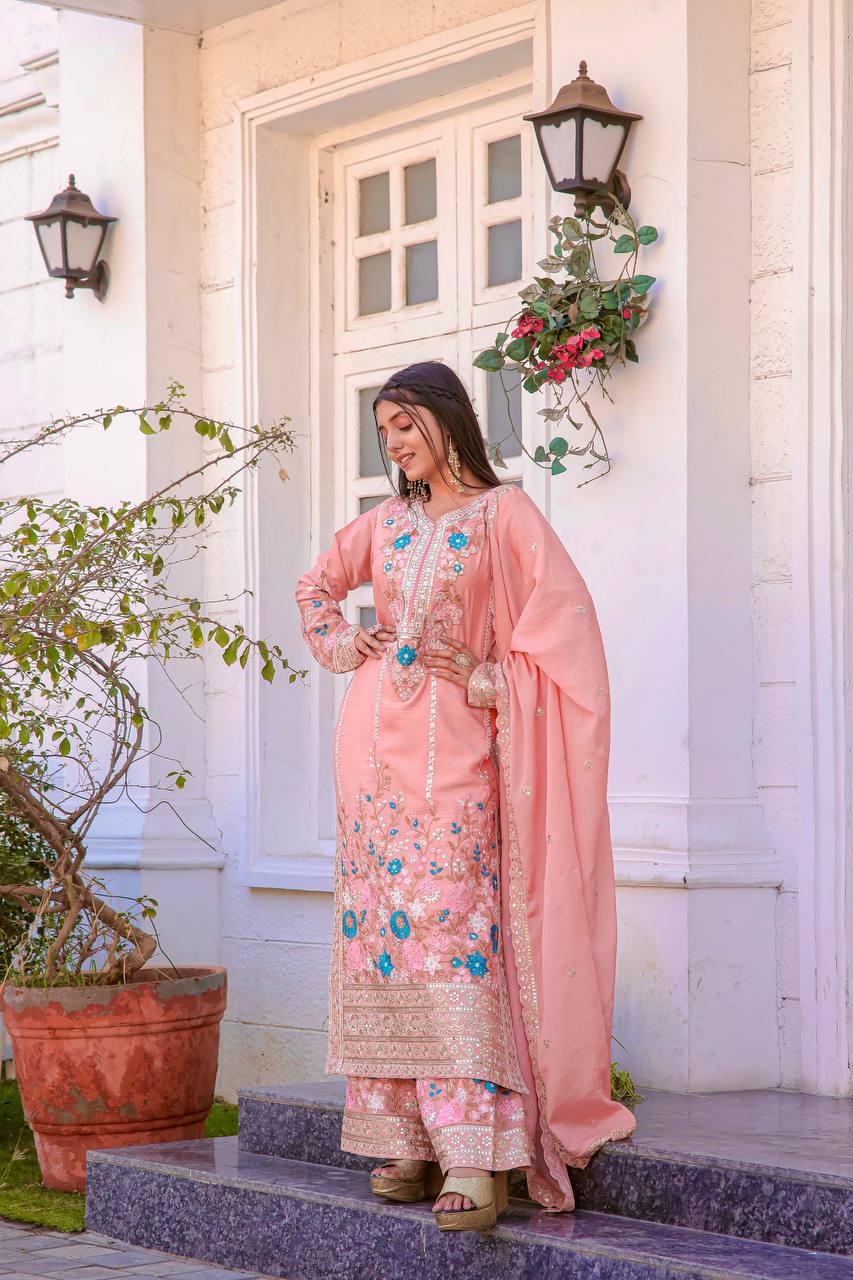 Floral Embroidered Pakistani Style Straight Suit Set with Mirror Work & Matching Dupatta