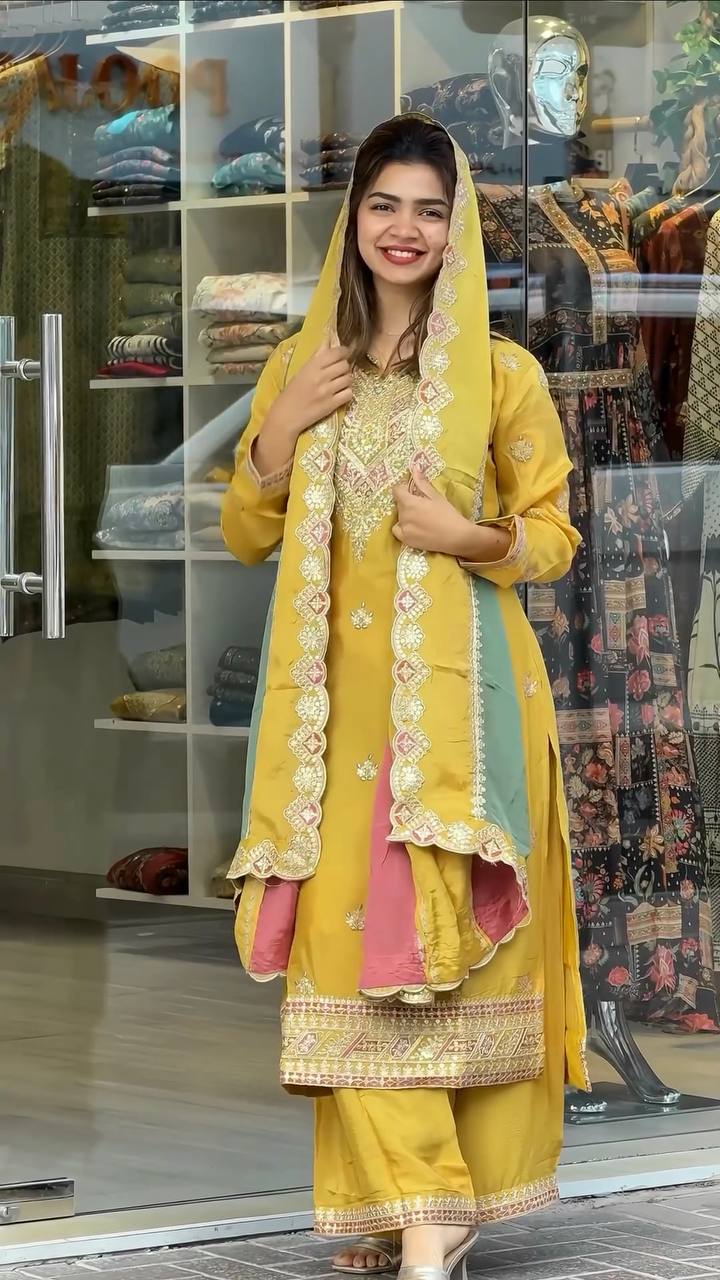 Sunshine Mustard Hand Embroidered Kurta Set with Contrast Multicolor Dupatta