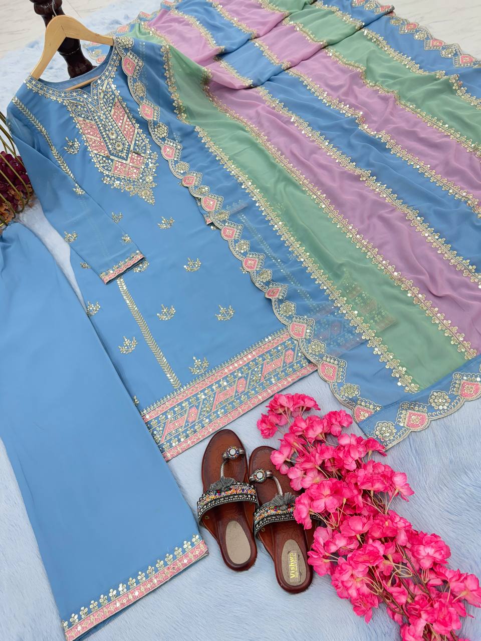 Pastel Blue Hand Embroidered A-Line Kurta Set with Multicolor Dupatta