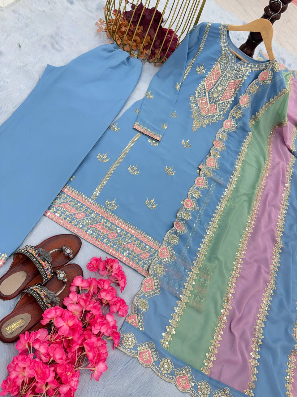 Pastel Blue Hand Embroidered A-Line Kurta Set with Multicolor Dupatta