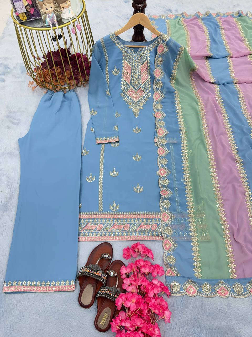 Pastel Blue Hand Embroidered A-Line Kurta Set with Multicolor Dupatta