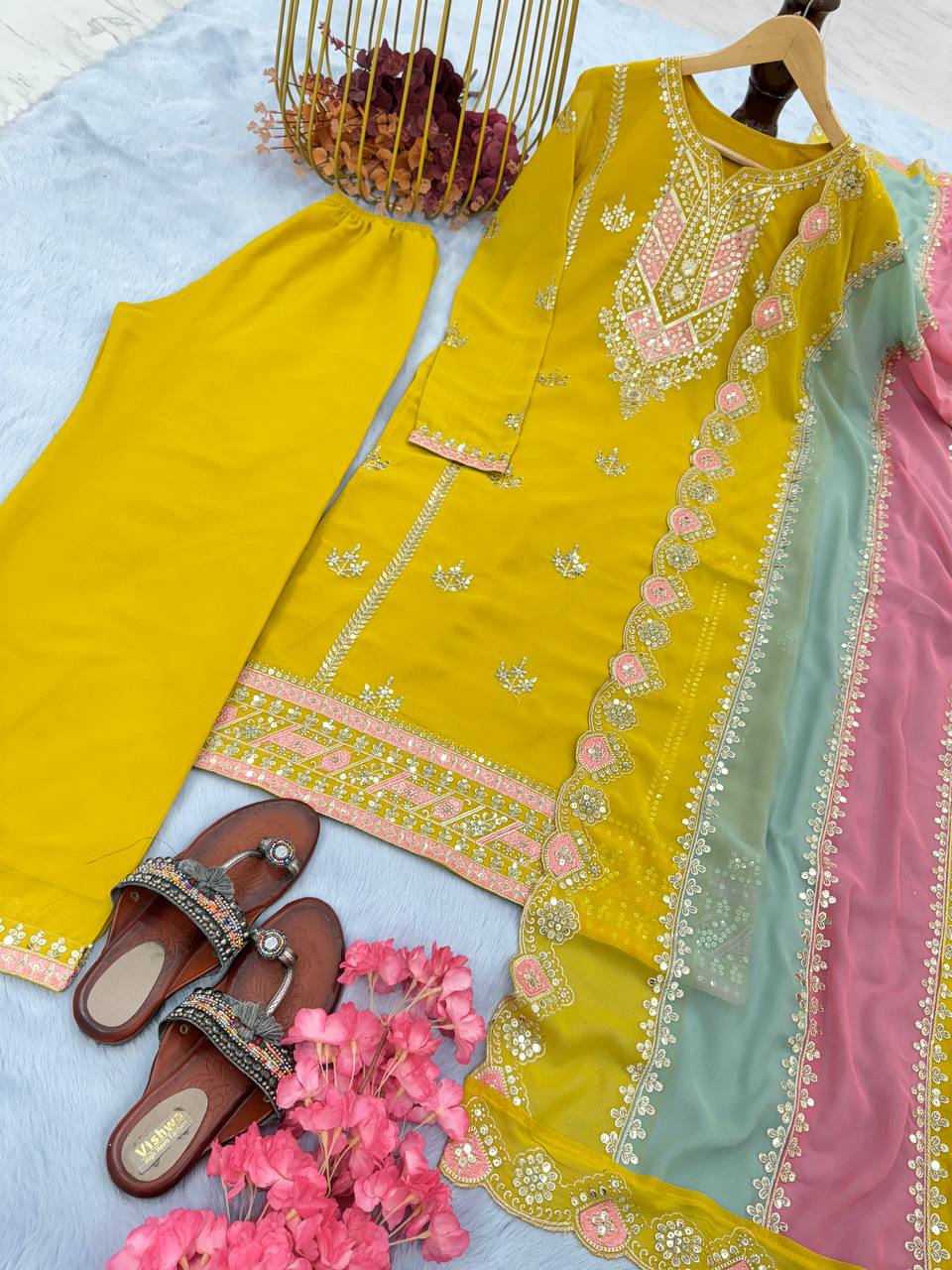 Sunshine Mustard Hand Embroidered Kurta Set with Contrast Multicolor Dupatta