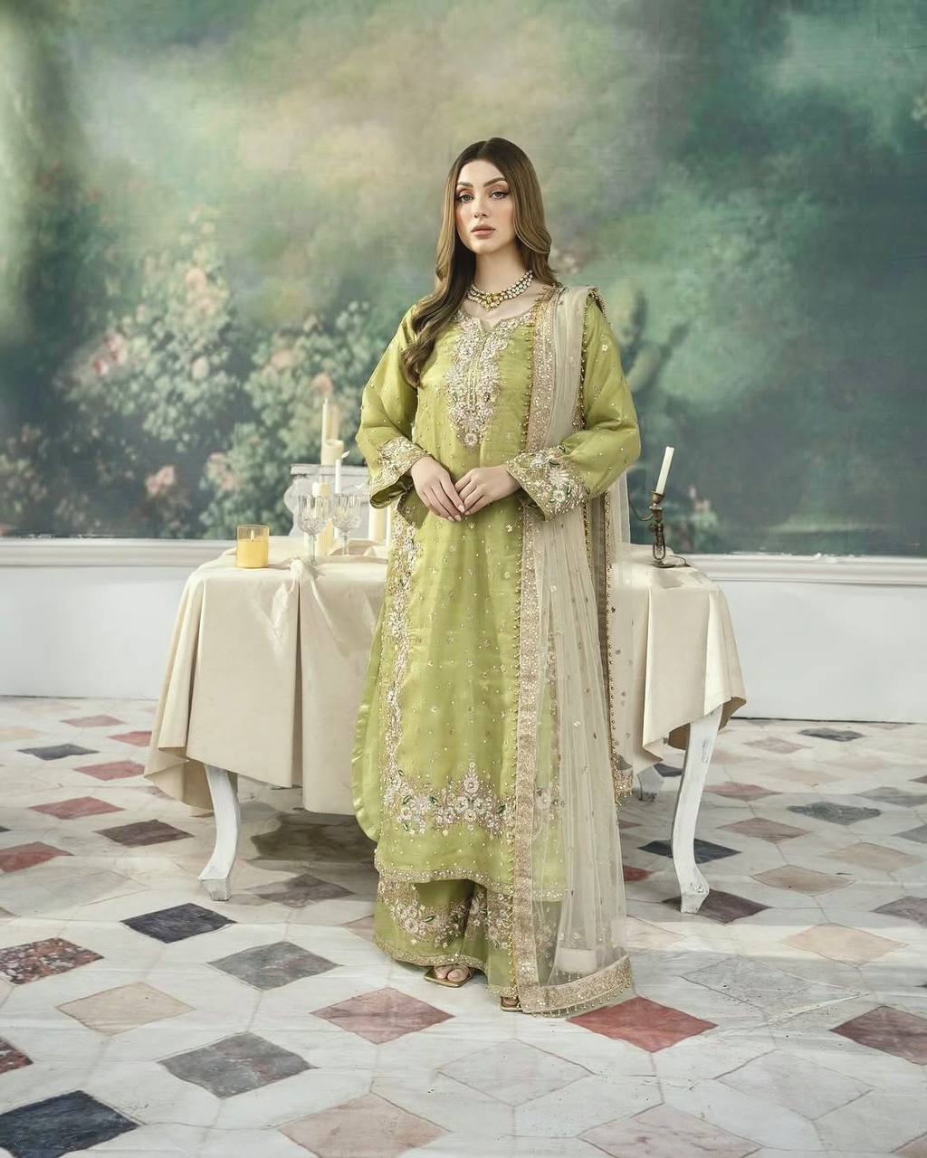 Embroidered Palazzo Suit with Net Dupatta