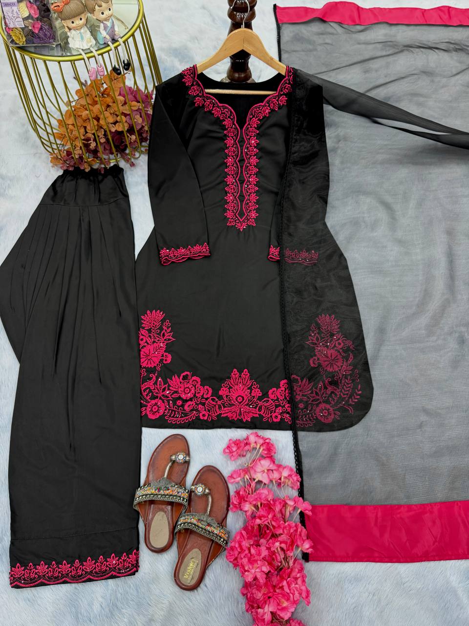 Black Embroidered Palazzo Suit with Wine Red Threadwork and Chiffon Dupatta