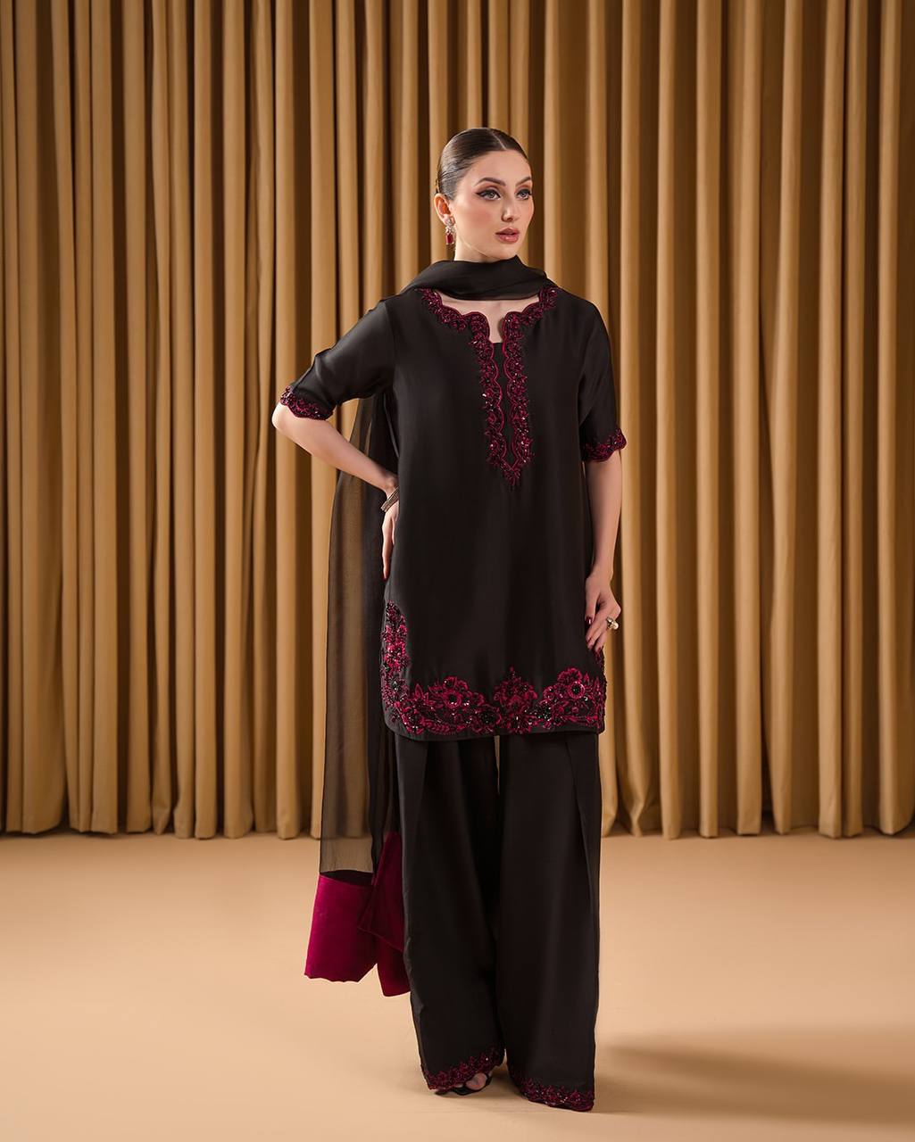 Black Embroidered Palazzo Suit with Wine Red Threadwork and Chiffon Dupatta