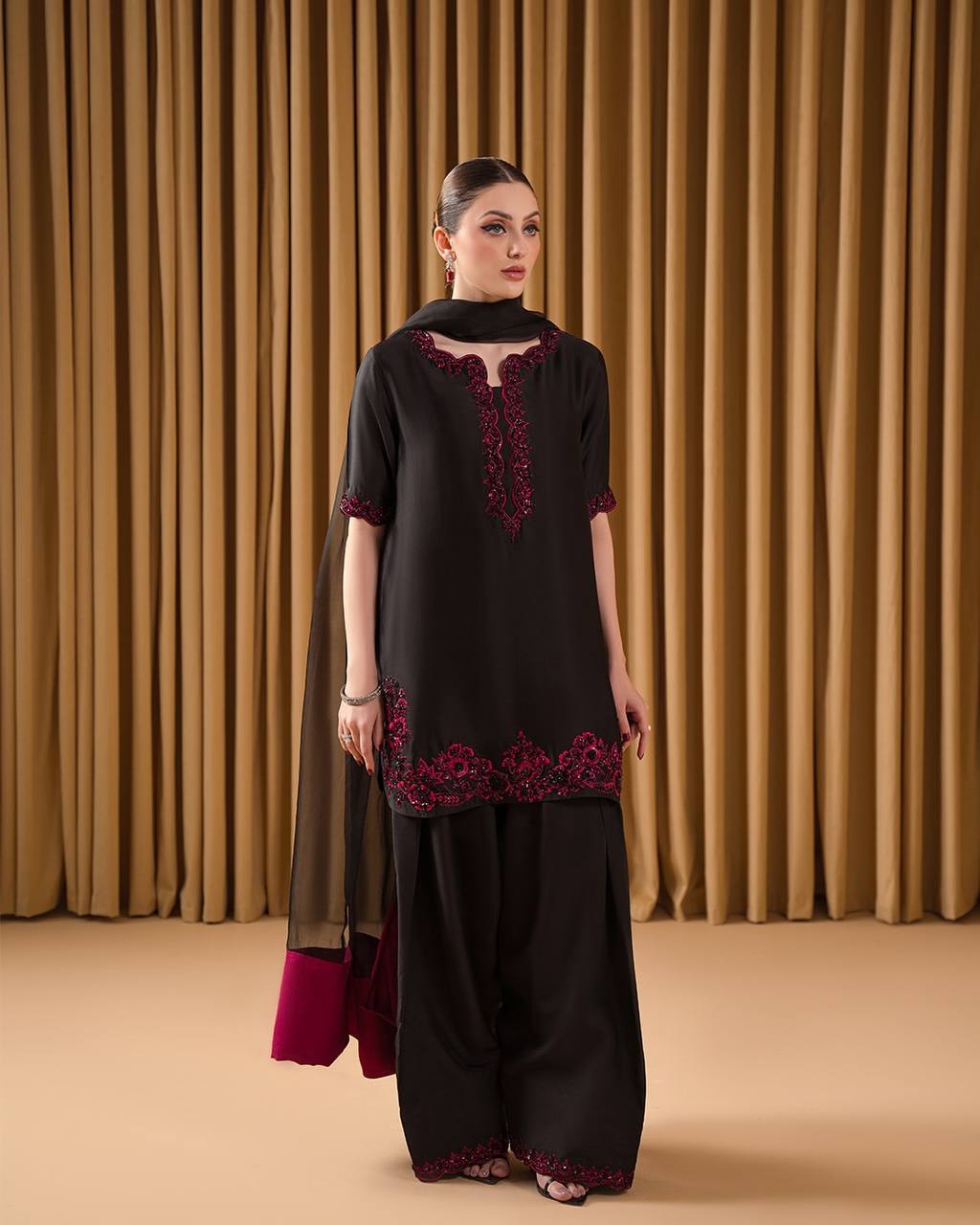 Black Embroidered Palazzo Suit with Wine Red Threadwork and Chiffon Dupatta