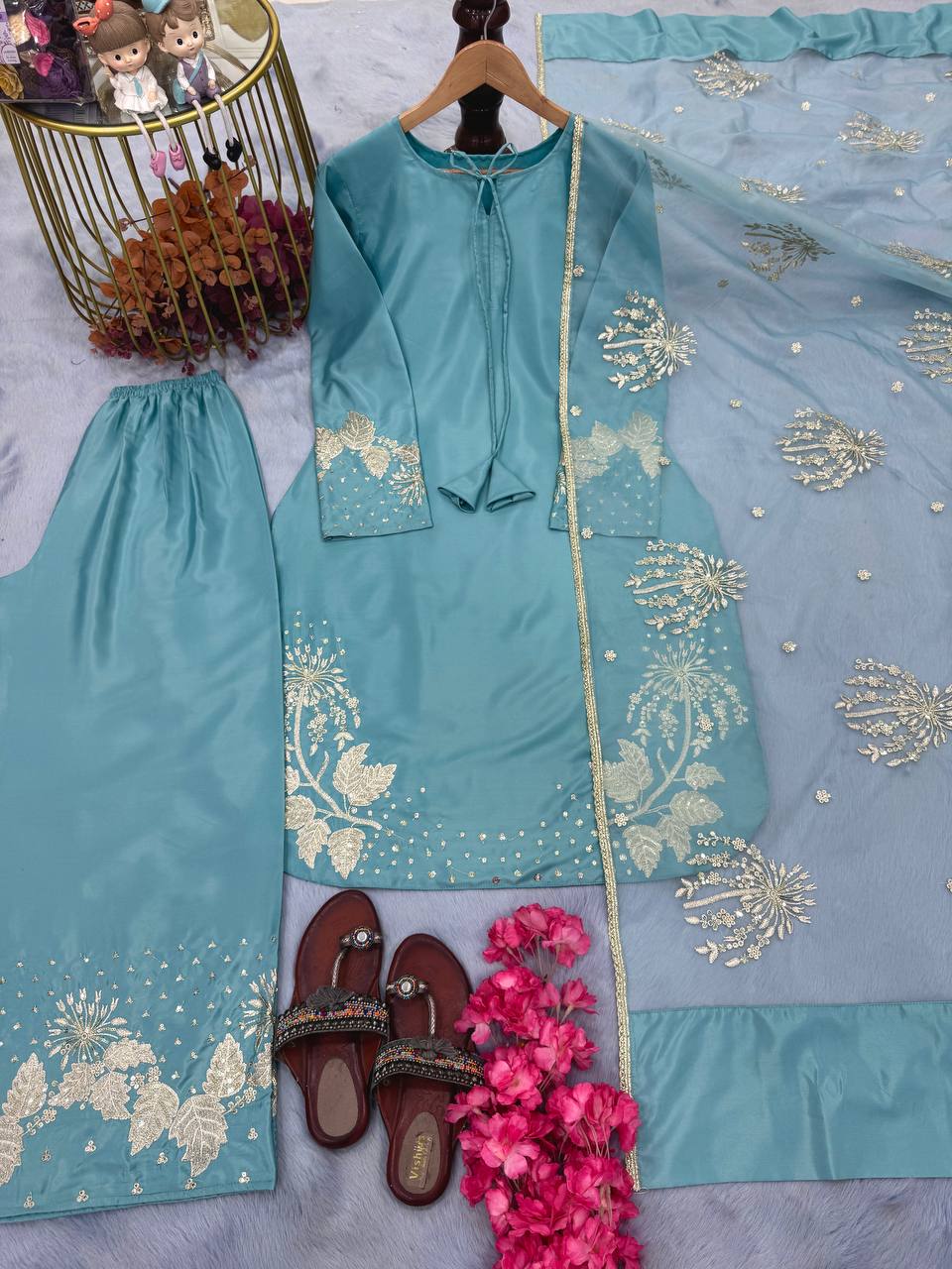 Sea Blue Hand Embroidered Front Open Long Jacket Style Palazzo Set