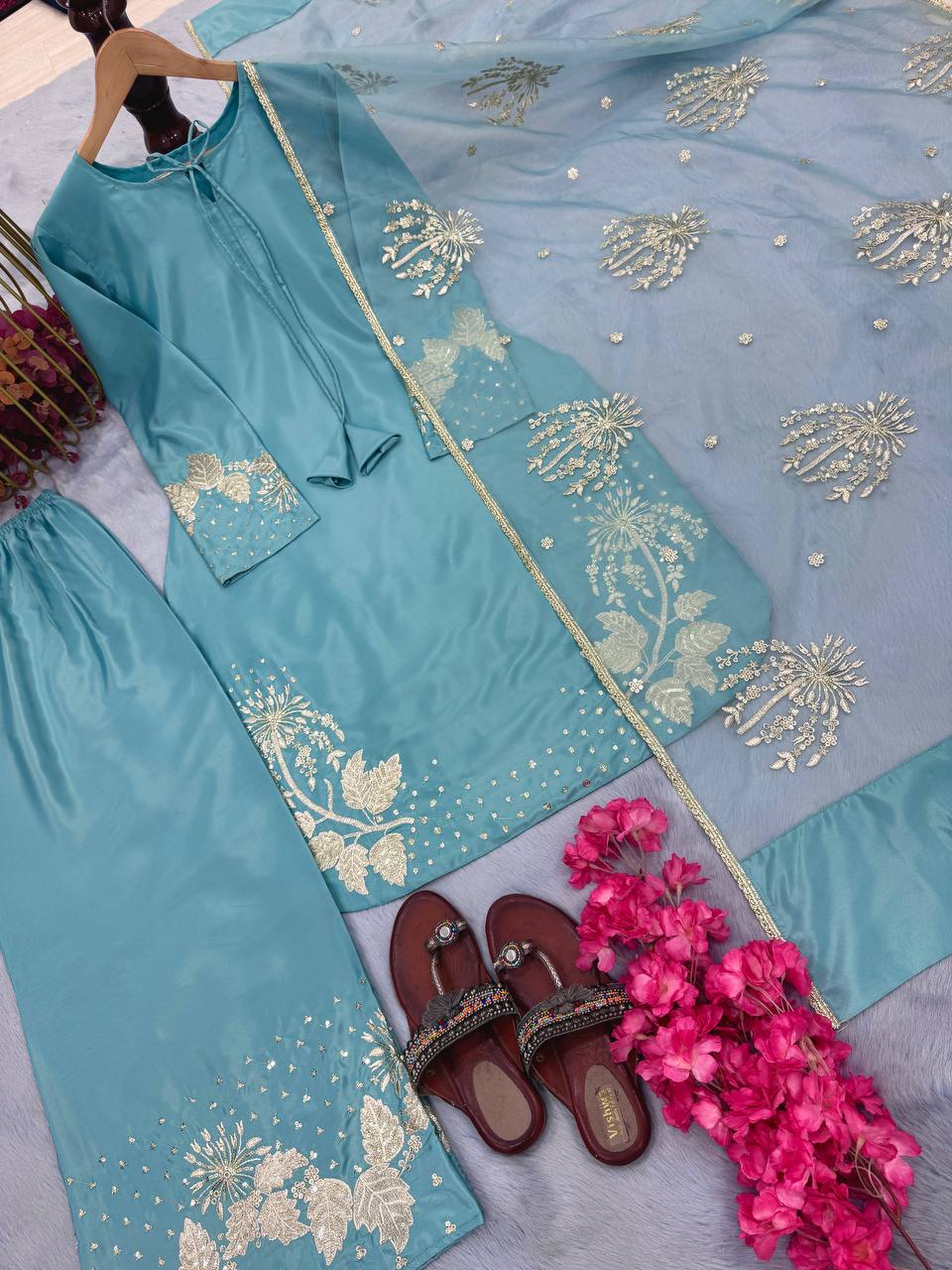 Sea Blue Hand Embroidered Front Open Long Jacket Style Palazzo Set