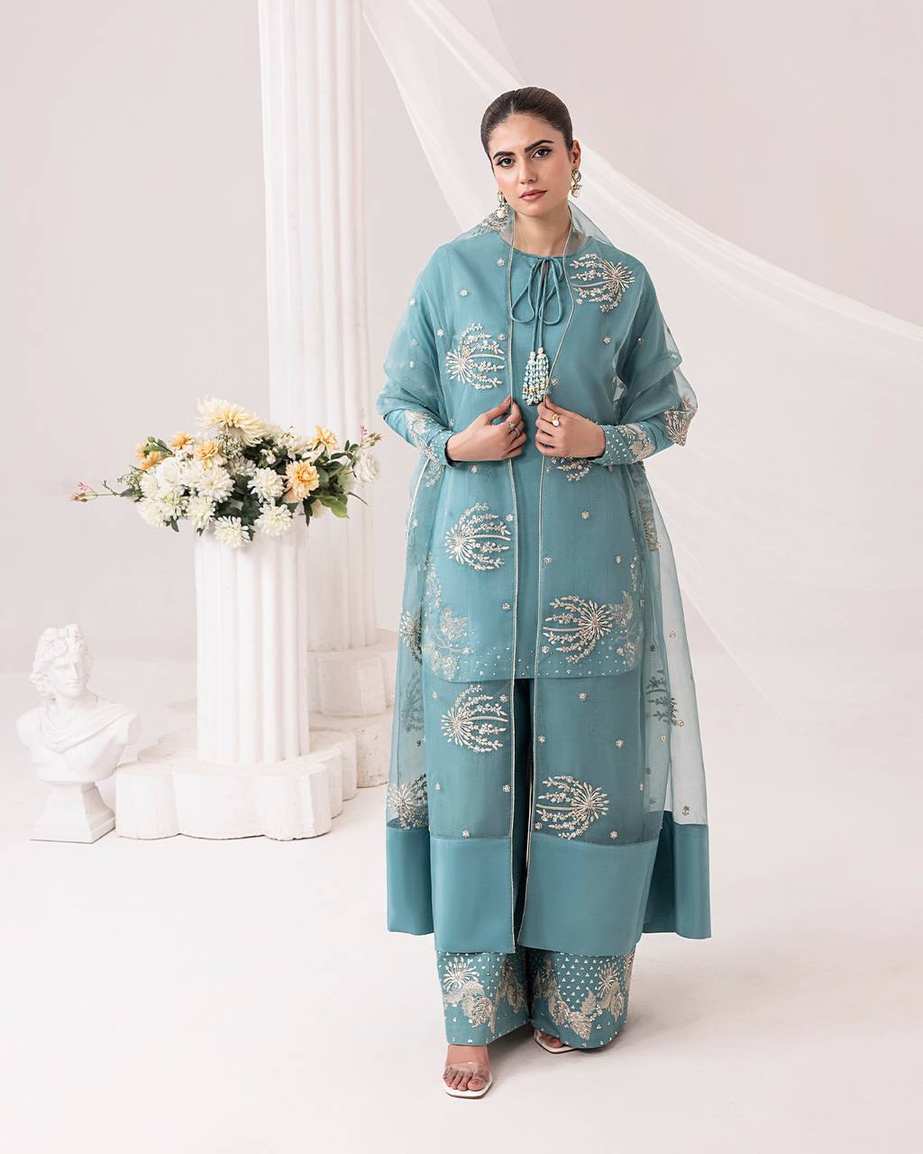 Sea Blue Hand Embroidered Front Open Long Jacket Style Palazzo Set