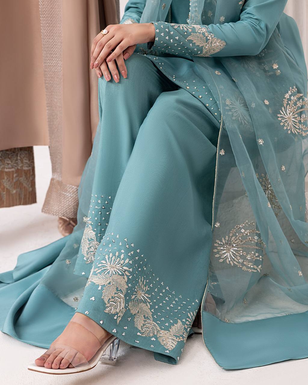 Sea Blue Hand Embroidered Front Open Long Jacket Style Palazzo Set