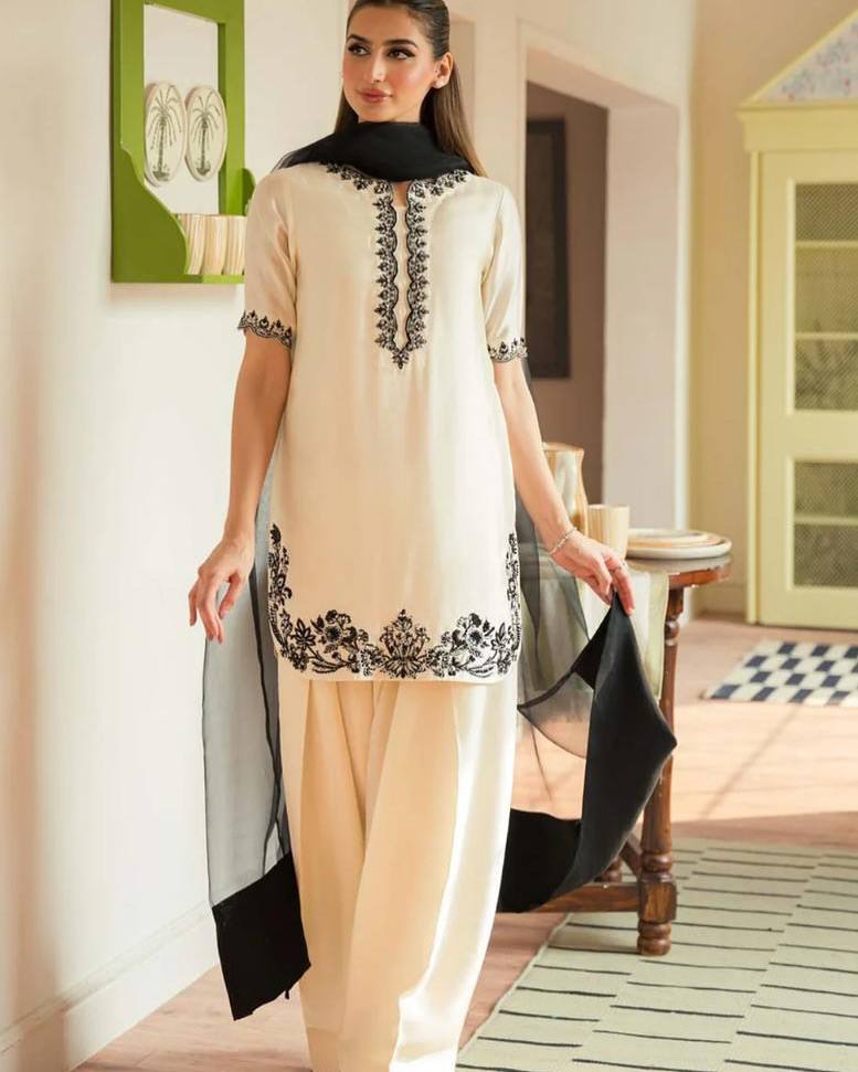 White Embroidered Palazzo Suit with Black Threadwork and Black Net Dupatta