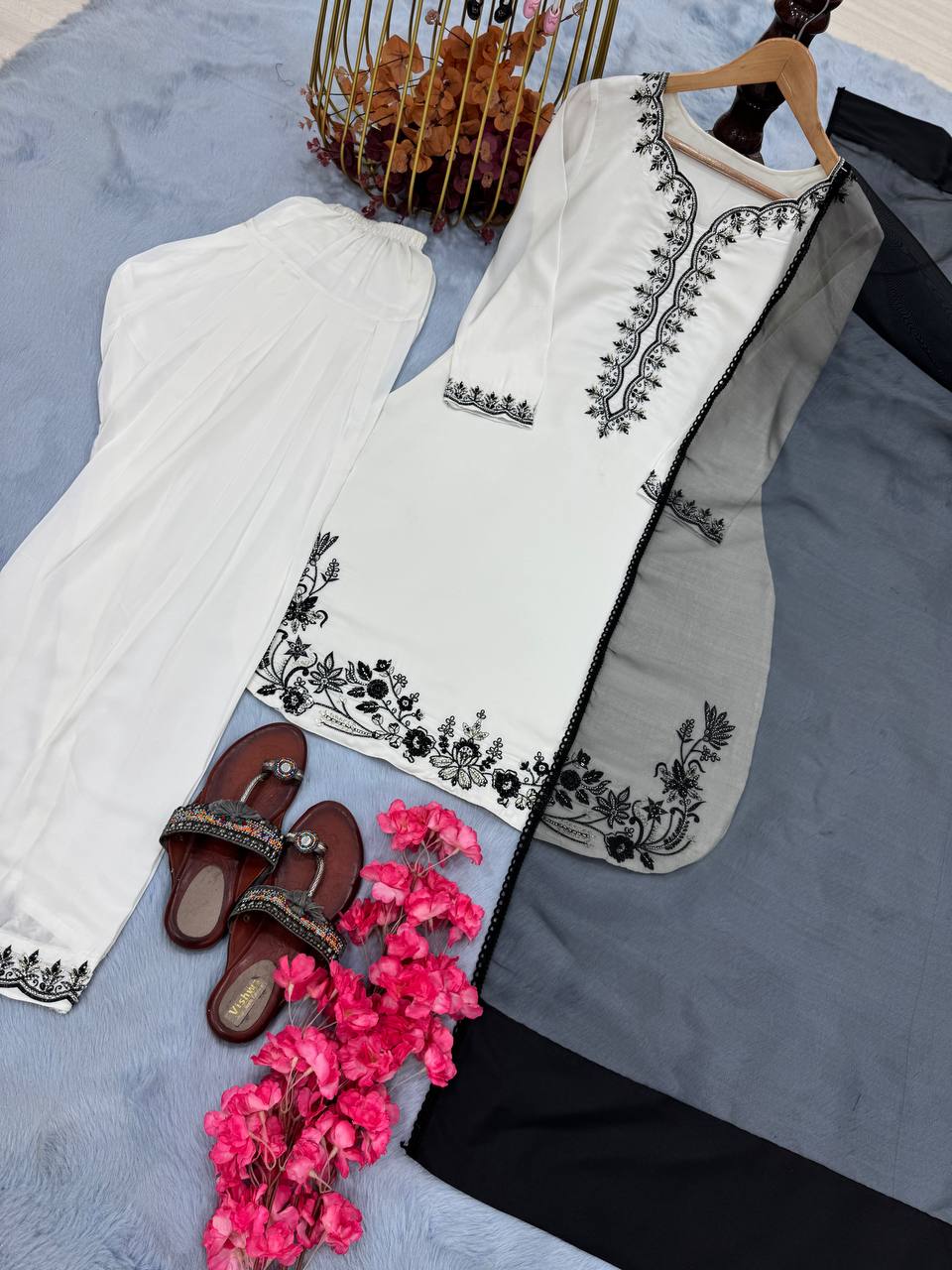 White Embroidered Palazzo Suit with Black Threadwork and Black Net Dupatta