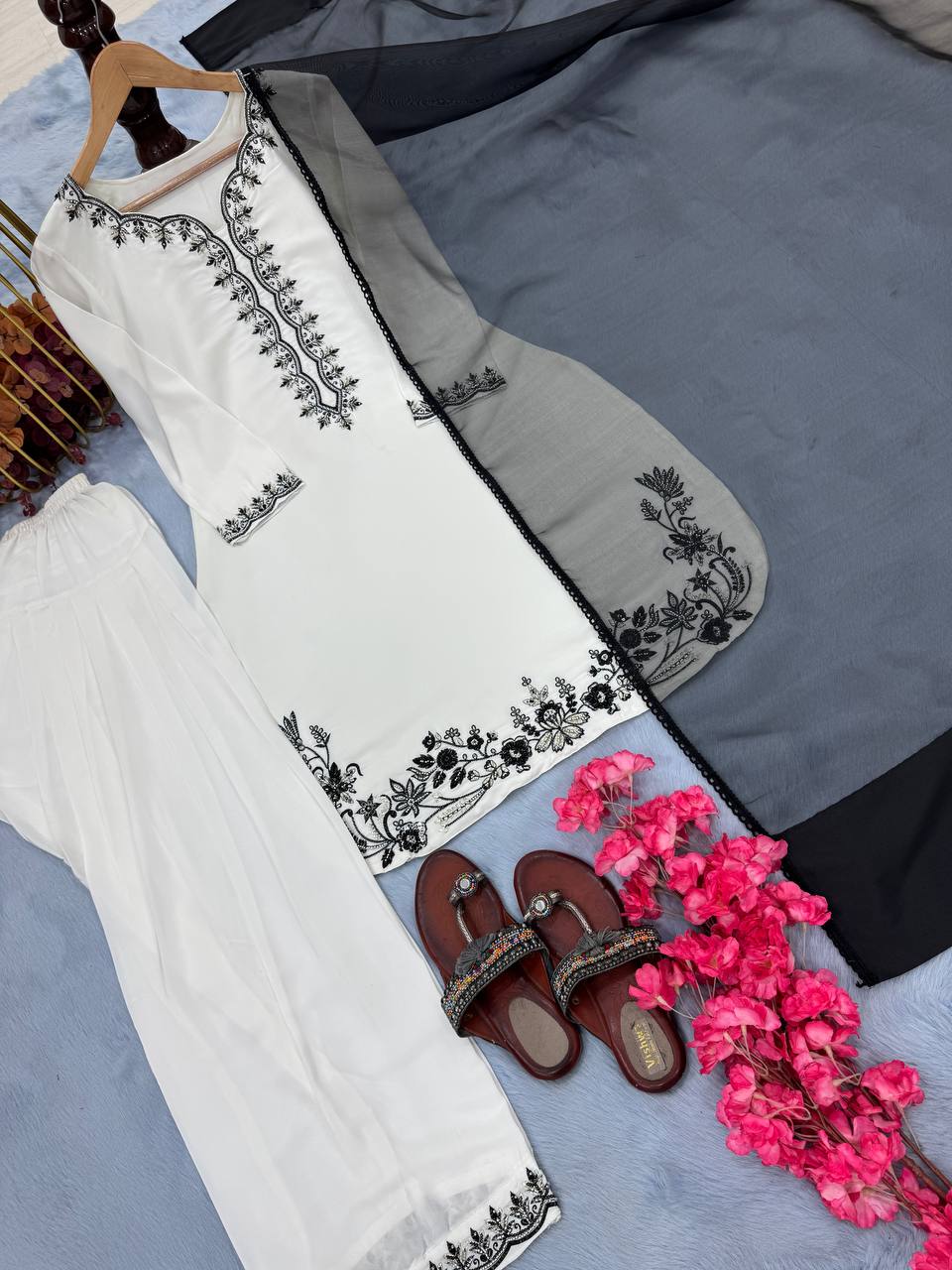 White Embroidered Palazzo Suit with Black Threadwork and Black Net Dupatta
