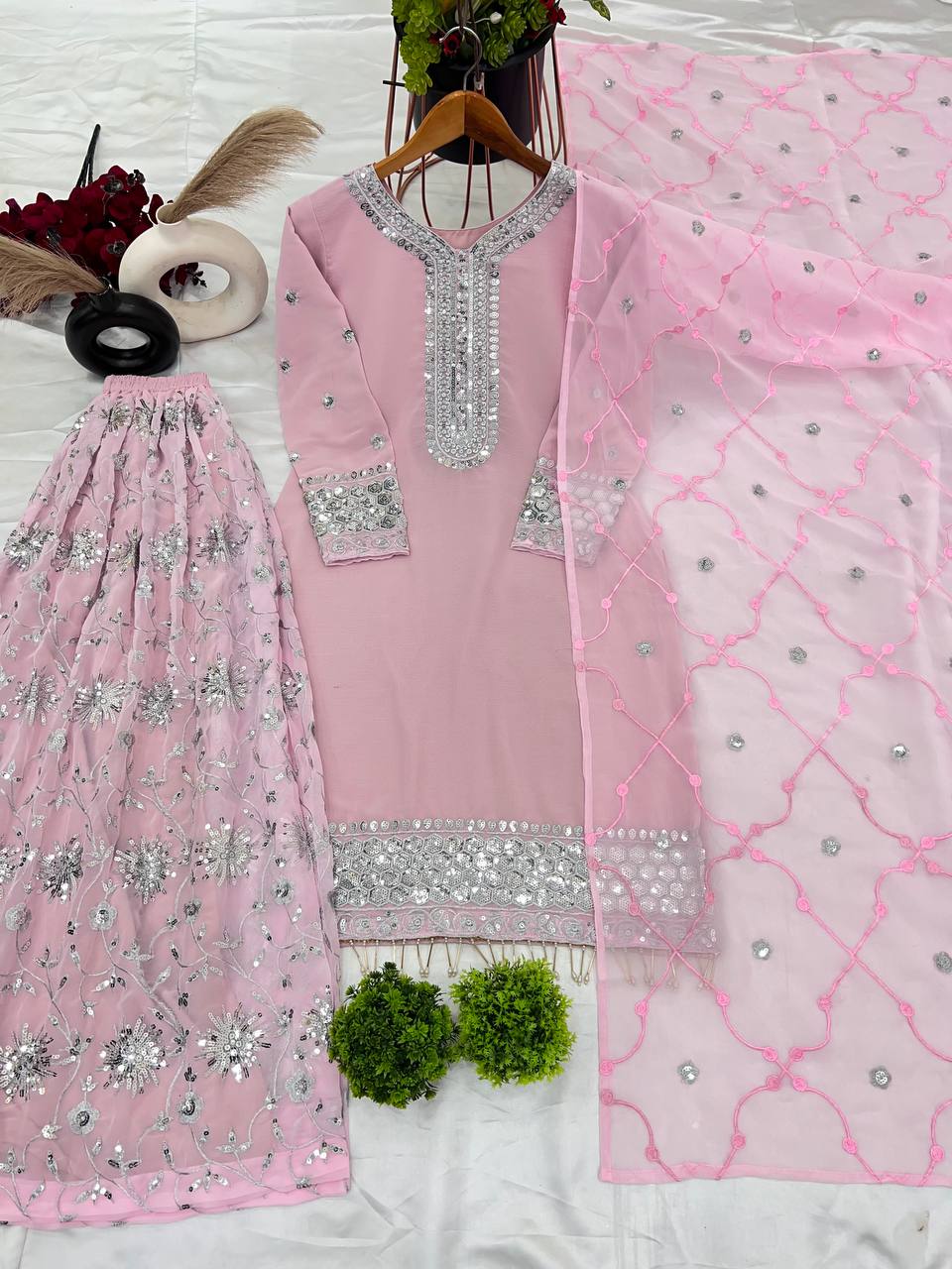 Dusty Rose Embroidered Palazzo Suit with Mirror Work Detailing and Net Dupatta