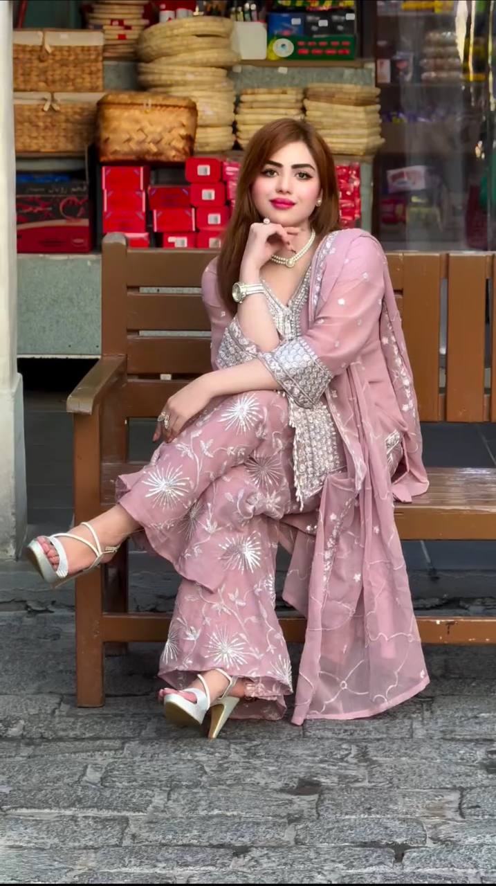 Dusty Rose Embroidered Palazzo Suit with Mirror Work Detailing and Net Dupatta