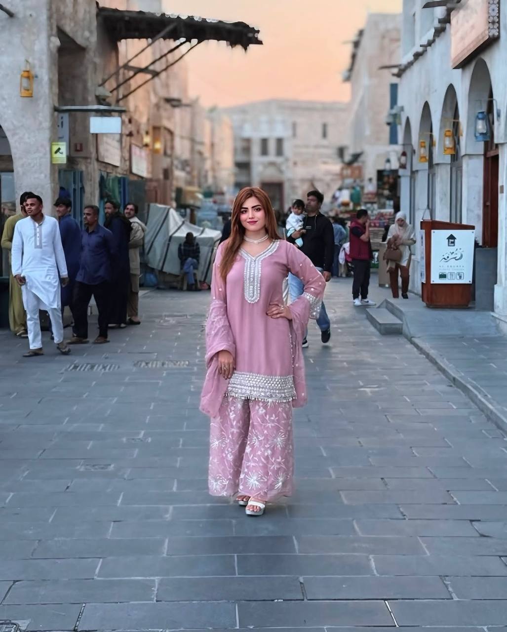 Dusty Rose Embroidered Palazzo Suit with Mirror Work Detailing and Net Dupatta