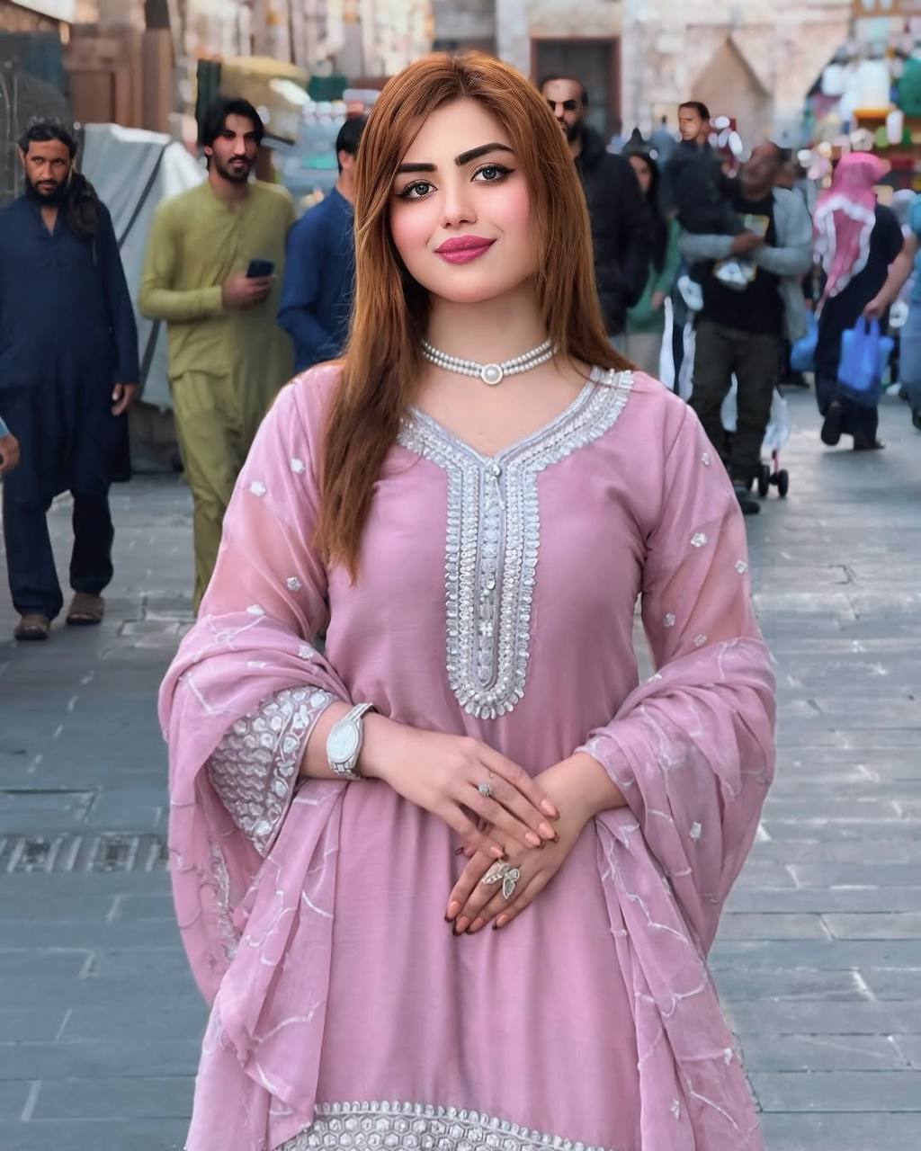 Dusty Rose Embroidered Palazzo Suit with Mirror Work Detailing and Net Dupatta