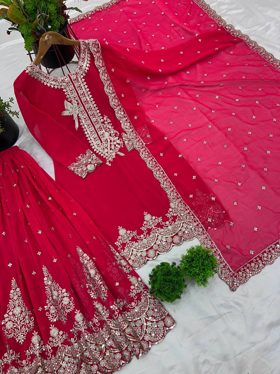 Hot Pink Embroidered Sharara Suit with Heavy Silver Zari Work and Net Dupatta