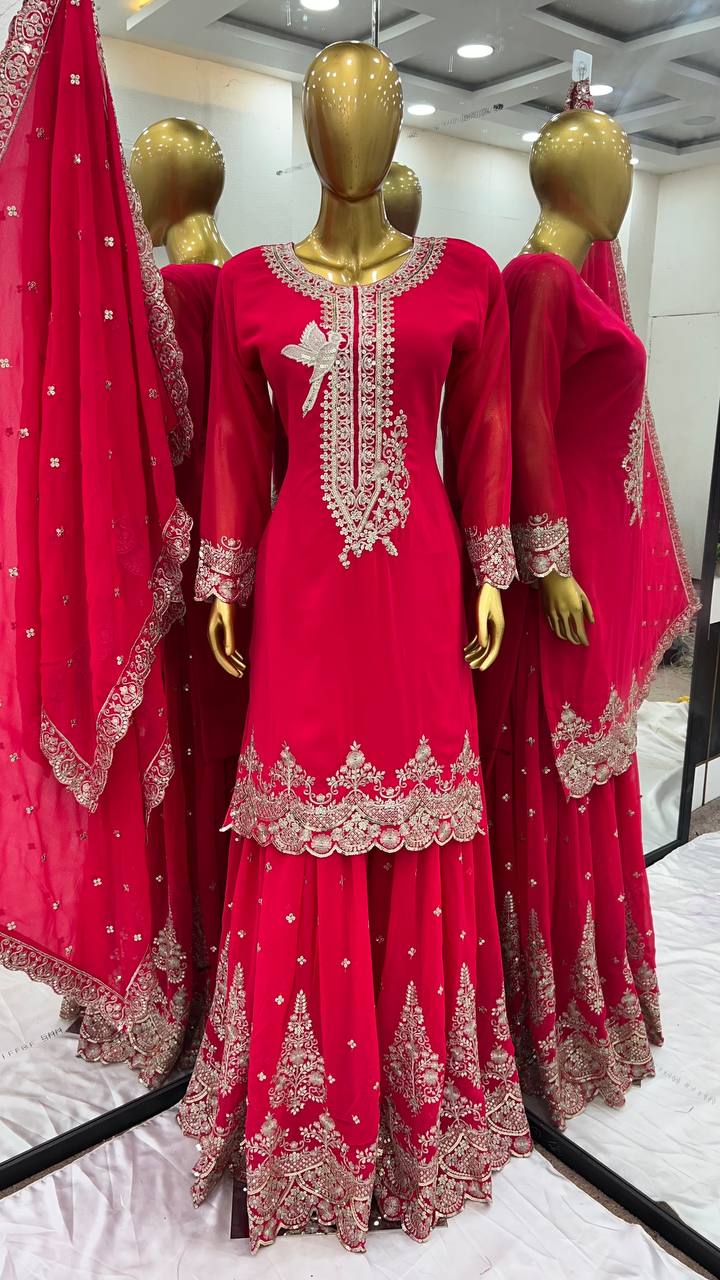 Hot Pink Embroidered Sharara Suit with Heavy Silver Zari Work and Net Dupatta