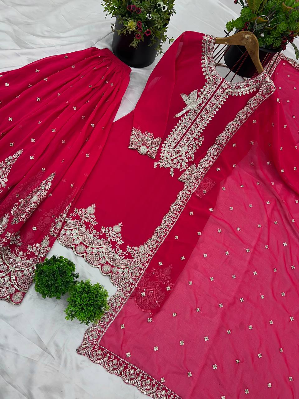 Hot Pink Embroidered Sharara Suit with Heavy Silver Zari Work and Net Dupatta