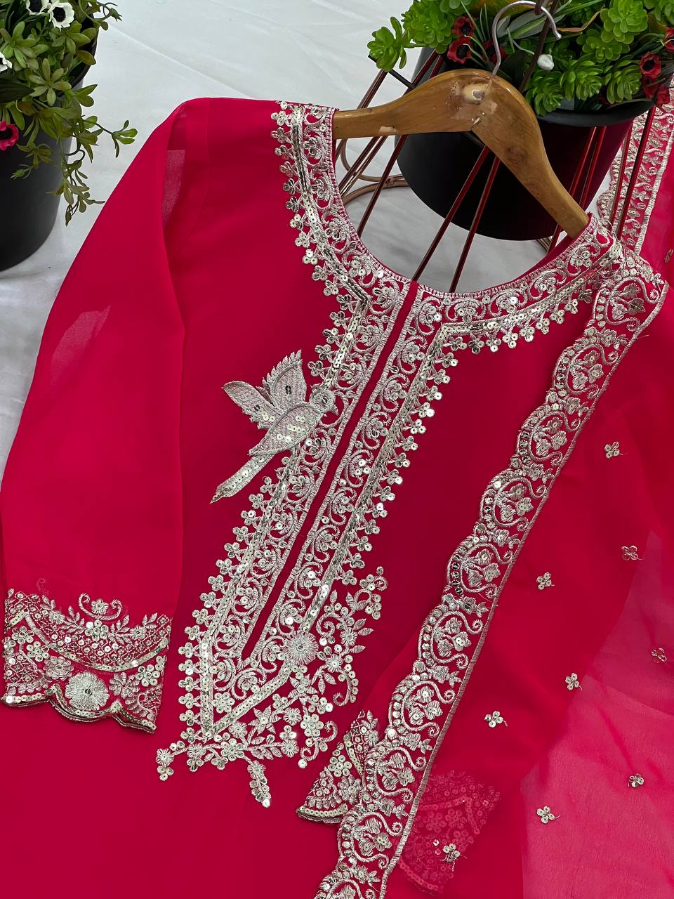 Hot Pink Embroidered Sharara Suit with Heavy Silver Zari Work and Net Dupatta